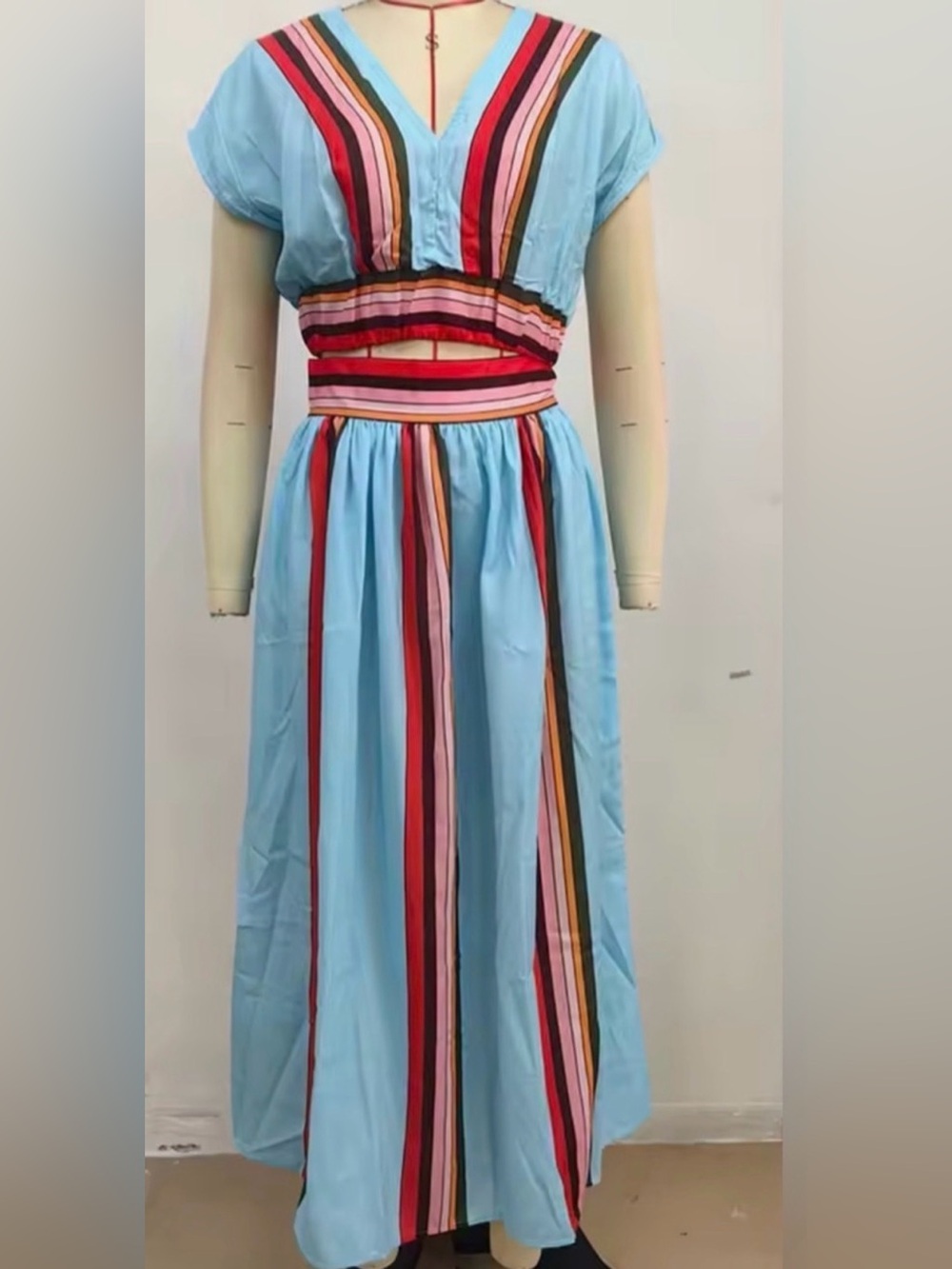 Rosa Clothing Boho Color Block Stripe V Neck Top Skirt Set Medium